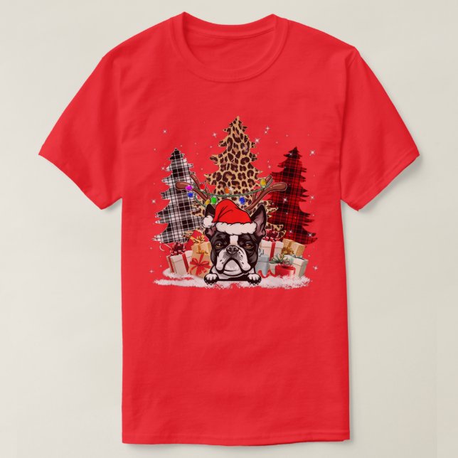 Camiseta Boston Terrier Santa Hat Light Buffalo Plaid Leopa (Diseño del anverso)