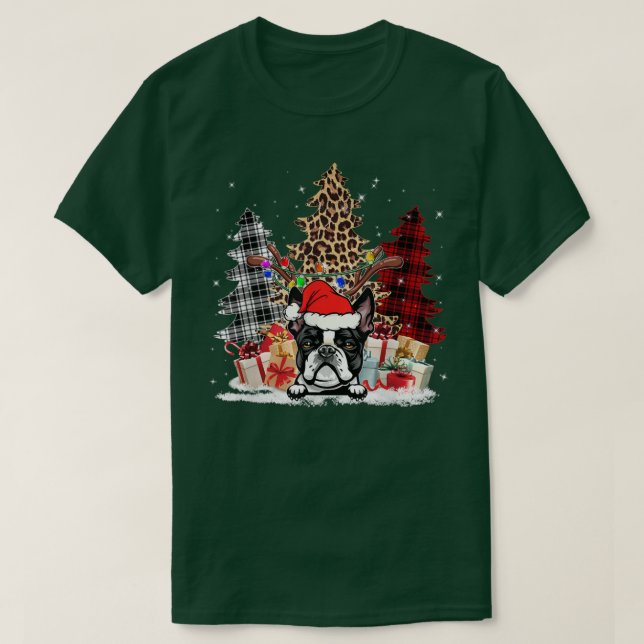 Camiseta Boston Terrier Santa Hat Light Buffalo Plaid Leopa (Diseño del anverso)