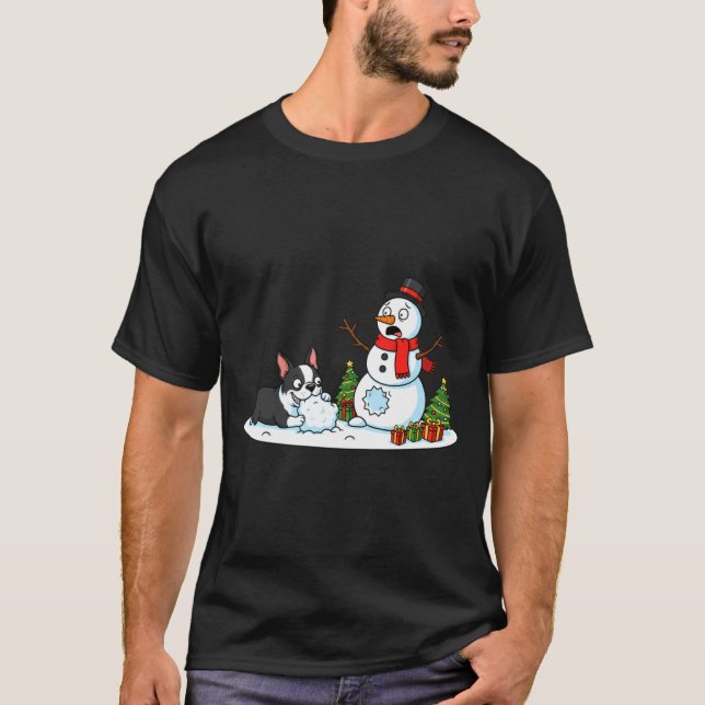 Camiseta Boston Terrier Snowman Christmas Tree Xmas Womens  (Anverso)