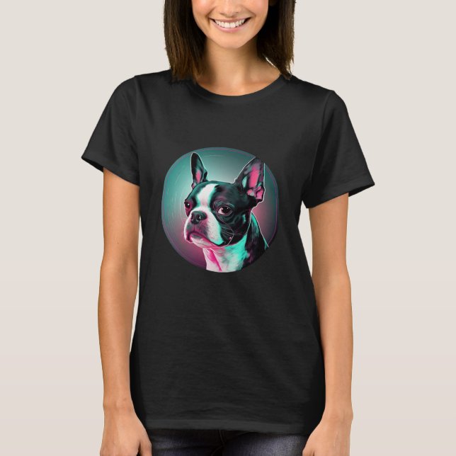 Camiseta Boston Terrier Synthwave 80s Retrowave Aesthetic (Anverso)