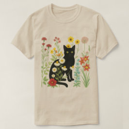 Camiseta  Botanical Nature – Black Cat in Wildflower Garden