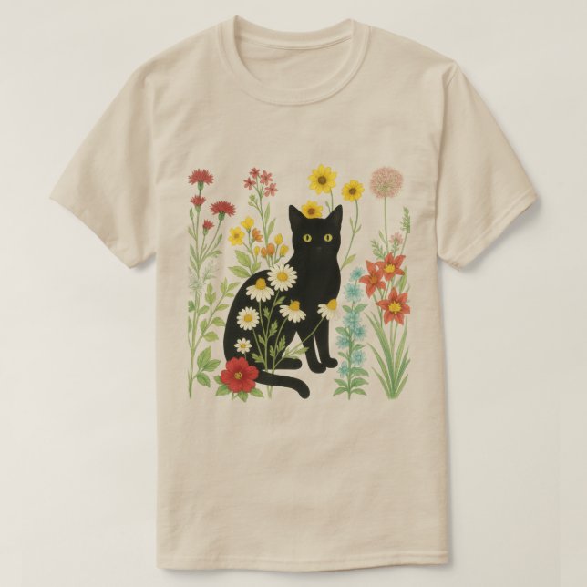 Camiseta  Botanical Nature – Black Cat in Wildflower Garden (Diseño del anverso)