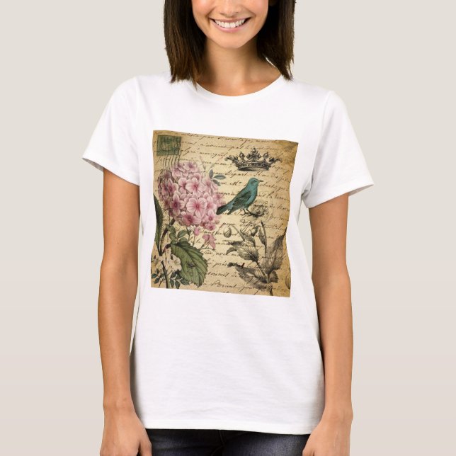 Camiseta botánico francés del pájaro del hydrangea de la (Anverso)
