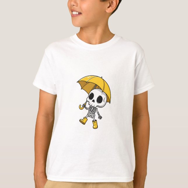 Camiseta Botas de lluvia Chibi Esqueleto Paraguas Amarillo  (Anverso)