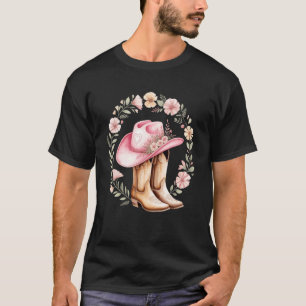 Camiseta Botas de vaquera rosadas con sombrero y corona flo