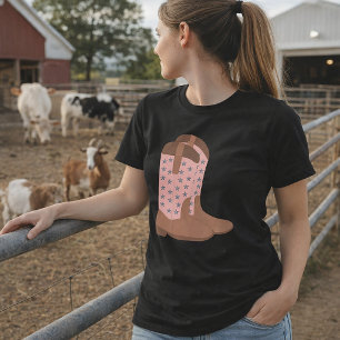 Camiseta Botas de Vaquero Rosas con Estrellas de Purpurina 