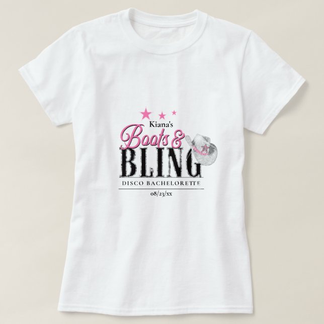 Camiseta Botas 'n Bling Disco Despedida de Soltera Blanco I (Diseño del anverso)