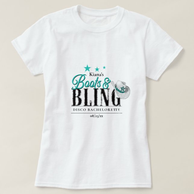Camiseta Botas 'n Bling Disco Despedida de Soltera Teal ID9 (Diseño del anverso)
