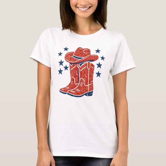 Camiseta Botas Vaqueras Rojas Rústicas y Estrellas Azules d (Anverso)