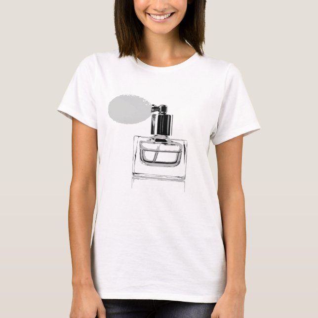 Camiseta botella de perfume blanco y negro (fondo blanco). (Anverso)