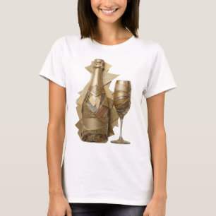 CAMISETA BOTELLA DE VINO DORADO Y VASO DE PLATA VIBRANTE