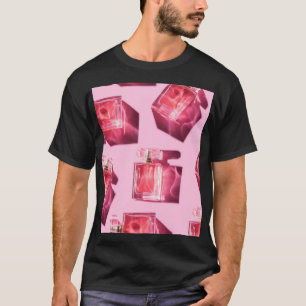 Camiseta Botellas perfumes, fondo rosado, liofilizado