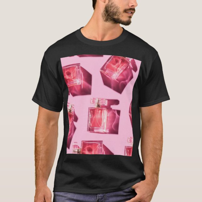 Camiseta Botellas perfumes, fondo rosado, liofilizado (Anverso)