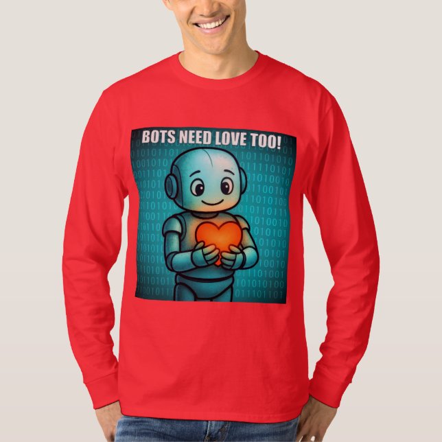 Camiseta Bots Need Love Too - Men's Bright Red Long Sleeve (Anverso)