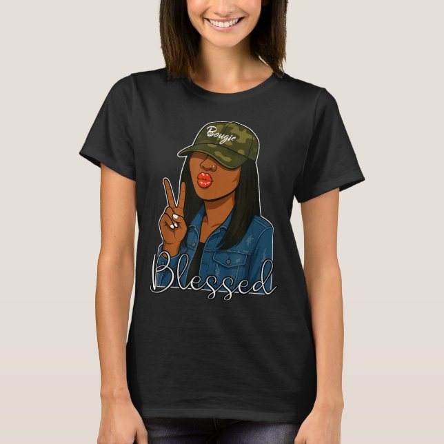Camiseta Bougie Blessed Camo Hat Christian Black Woman  (Anverso)