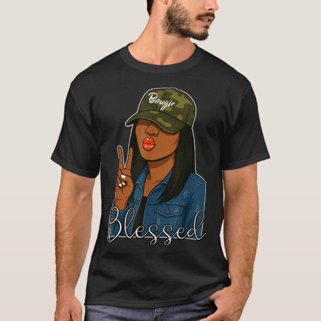 Camiseta Bougie Blessed Camo Hat Christian Black Woman  (Anverso)
