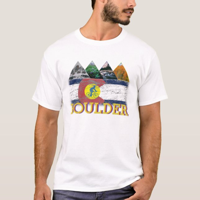 Camiseta Boulder, Colorado, bandera apenada, montañas (Anverso)