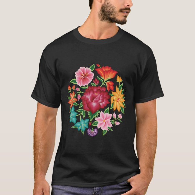 Camiseta Bouquet floral mexicano (fondo negro) (Anverso)