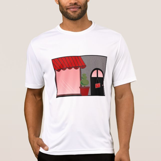 Camiseta Boutique Storefront Red Black Topiary Open (Anverso)