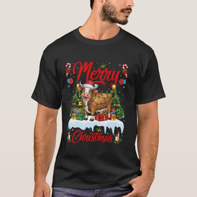 Camiseta Bovino Navidad Árbol de Navidad Iluminación Santa  (Anverso)