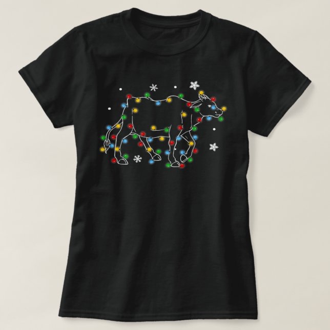 Camiseta Bovinos divertidos vacunos alumbran árbol navidad  (Diseño del anverso)