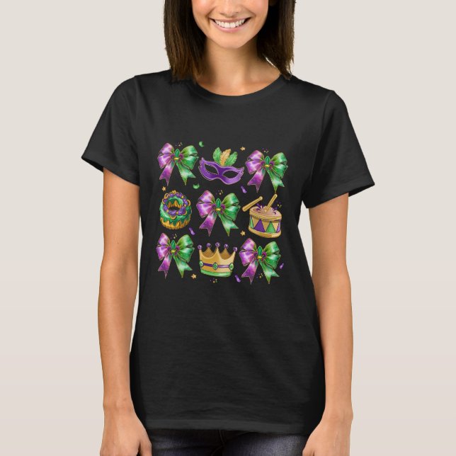 Camiseta Bow King Cake Crown Mask Drum Mardi Gras Costume (Anverso)