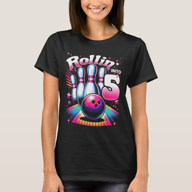 Camiseta Bowling Birthday Rollin Into 5 Party 5th Birthday  (Anverso)