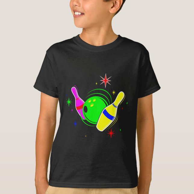 Camiseta Bowling T Shirt 80 Retro Neon Rótulo Strike Bowlin (Anverso)