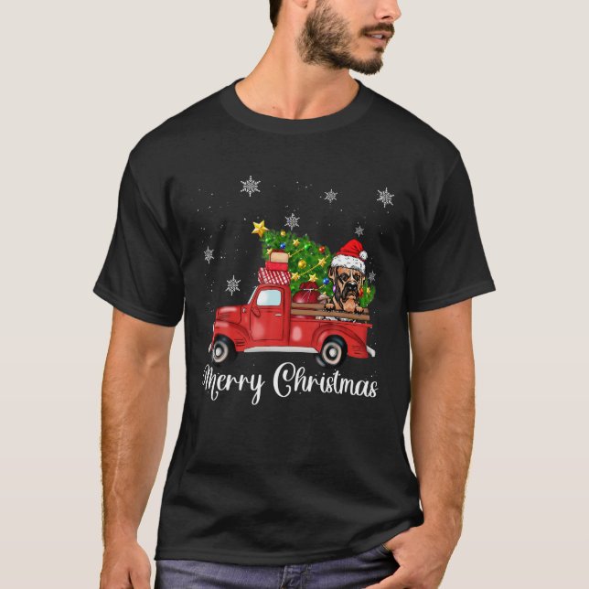 Camiseta Boxer Dog Riding Red Truck Navidades (Anverso)