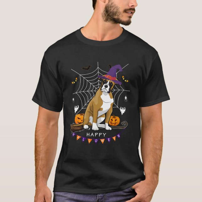 Camiseta Boxer Dog Witch Pumpkin Halloween Kids Mens Womens (Anverso)