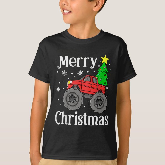 Camiseta Boys Monster Truck Merry Christmas Tree Snowflakes (Anverso)