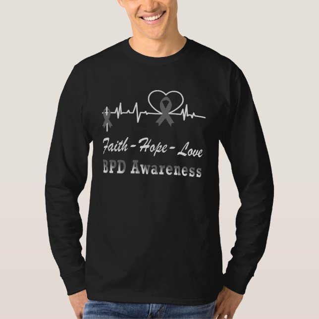 Camiseta BPD Awareness Heartbeat Christian Cross Gey Ribbon (Anverso)
