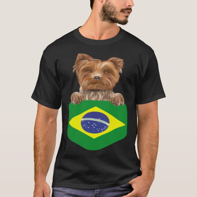Camiseta Brazil Flag Yorkshire Terrier Dog In Pocket (Anverso)