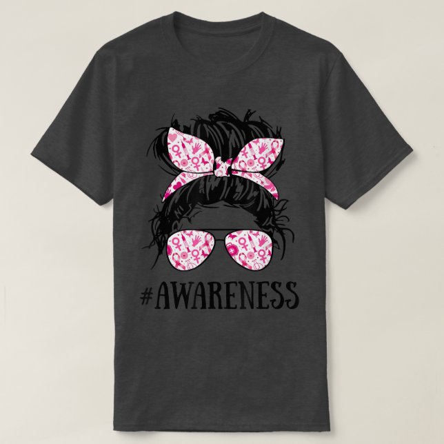 Camiseta Breast Cancer Awareness Messy Bun Glasses Awarenes (Diseño del anverso)