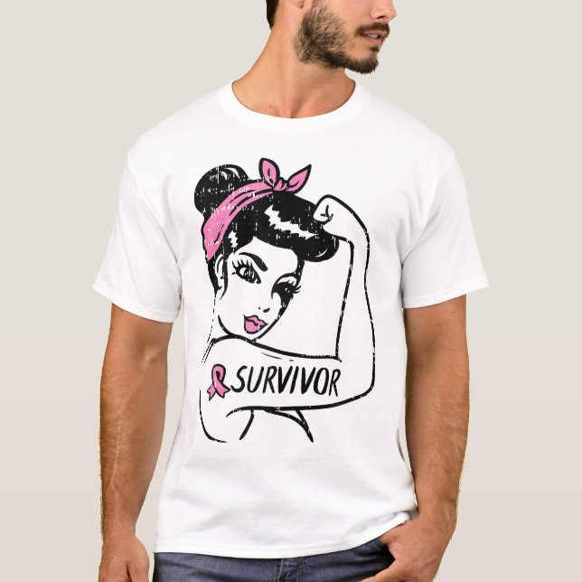 Camiseta Breast Cancer Survivor Rosie Riveter Pink Awarenes (Anverso)