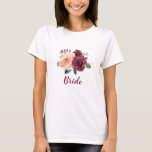 Camiseta Bride Dusty Rosa Burgundy Floral Boda<br><div class="desc">Esta camiseta de novia presenta un diseño floral de acuarela con rosas de color rosa y burdeos. Personalízalo con tu propio texto. Hay productos que coinciden. Visite nuestra tienda o vea nuestras páginas de colección para ver el rango completo.</div>