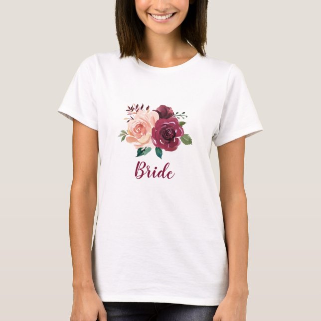 Camiseta Bride Dusty Rosa Burgundy Floral Boda (Anverso)