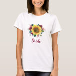 Camiseta Bride Floral Sunflower Borgoña Rosa Boda<br><div class="desc">Esta camiseta de novia presenta un diseño floral de acuarela con girasol y rosas de Borgoña. Personalízalo con tu propio texto. Hay productos que coinciden. Visite nuestra tienda o vea nuestras páginas de colección para ver el rango completo.</div>