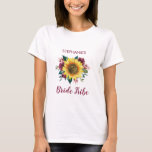 Camiseta Bride Tribe Floral Girasol Borgoña Rosa Boda<br><div class="desc">Esta camiseta de la tribu de novias presenta un diseño floral de acuarela con girasol y rosas de Borgoña. Personalízalo con tu propio texto. Hay productos que coinciden. Visite nuestra tienda o vea nuestras páginas de colección para ver el rango completo.</div>