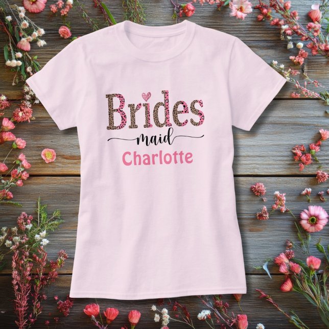 Camiseta Bridesmaid de estampado de leopardo gris rosa pers (Bridesmaid pink leopard print personalized T-shirt )