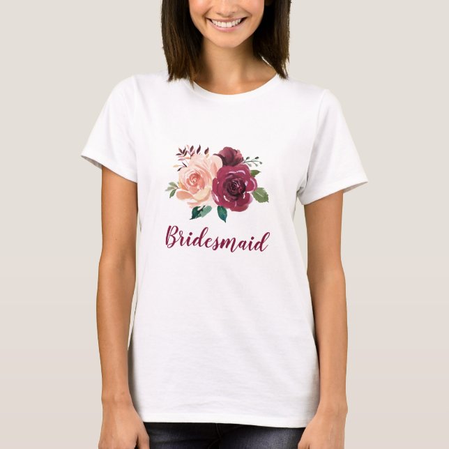 Camiseta Bridesmaid Floral Rubor Rosa Boda rosa de Borgoña (Anverso)