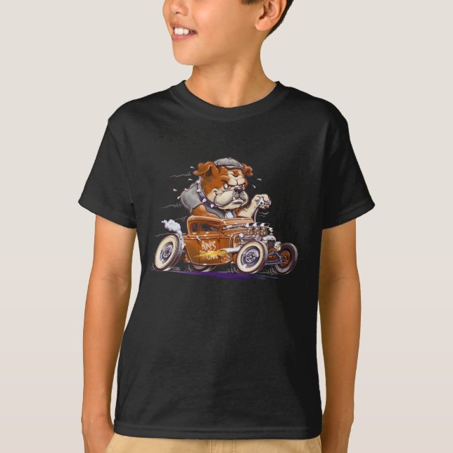 Camiseta Brigada de Huesos - Bulldog británico en Hot Rod - (Anverso)