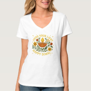 Camiseta Brilla tu luz feliz mujer Diwali V-Neck T-Shirt