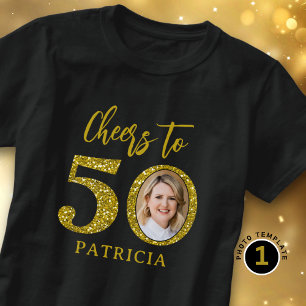 Camiseta Brindis por 50 Foto Dorado Brillo Cumpleaños 50  