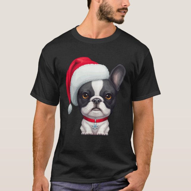 Camiseta Brindle Pied French Bulldog in Santa Hat Christmas (Anverso)