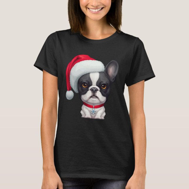 Camiseta Brindle Pied French Bulldog in Santa Hat Christmas (Anverso)