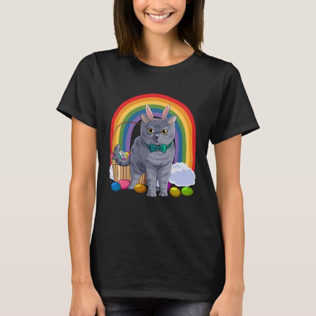 Camiseta Británico Shorthair Easter Eggs Bunny Cat Pullover (Anverso)