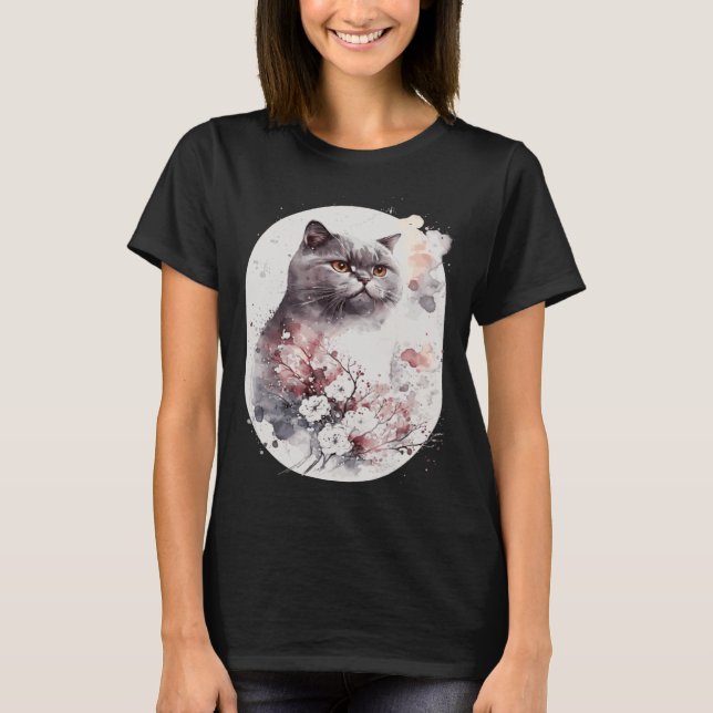 Camiseta British Shorthair Cat Japanese Cherry Blossom Saku (Anverso)