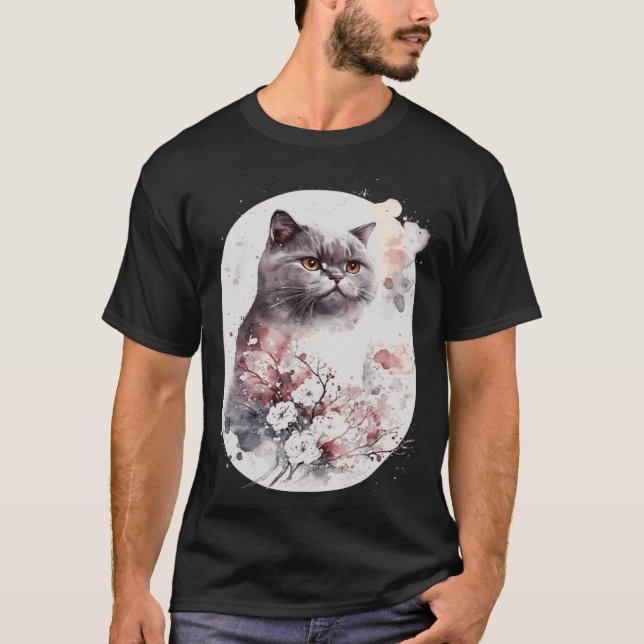 Camiseta British Shorthair Cat Japanese Cherry Blossom Saku (Anverso)