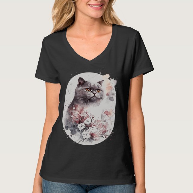 Camiseta British Shorthair Cat Japanese Cherry Blossom Saku (Anverso)